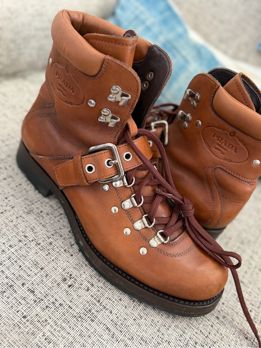 Prada Men’s Cognac Leather MotoBoots, size 6